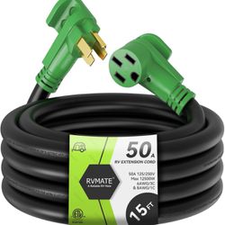 RVMATE 50 Amp 15 Feet RV/EV Extension Cord, Easy Plug in Handle, 14-50P to 14-50R with LED Indicator