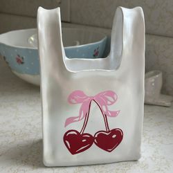 Heart Cherry Bow Coquette Pink Red Shopping Tote Bag Trinket Dish Bowl New!