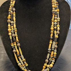  Vintage, Ethnic Necklace with wood and stone and metal beads, 28" Long
