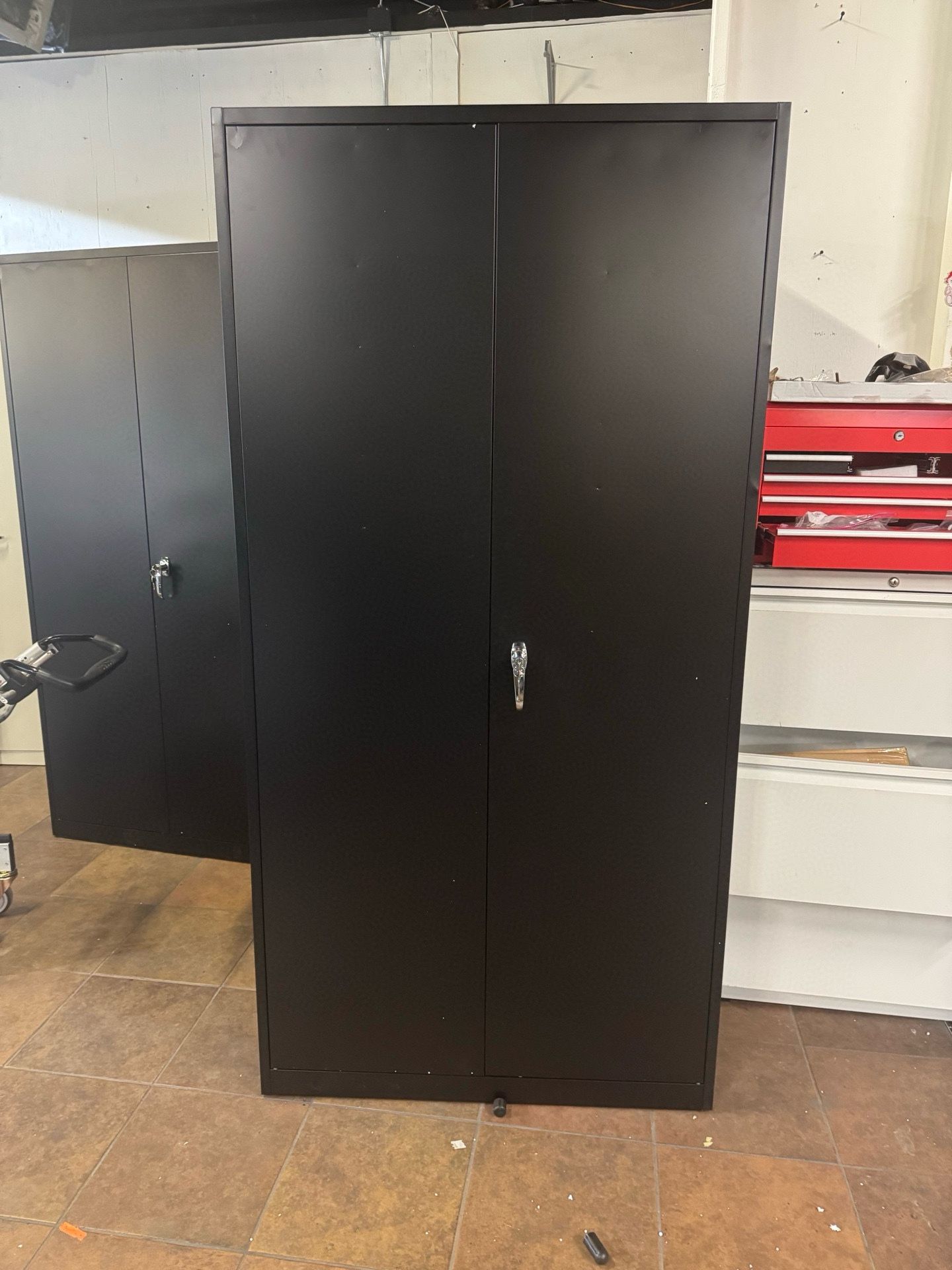 Metal Garage Storage Cabinet in 35.4" W x 71" H x 17.7”D Black Cabinet 5 Tier Shelves with Doors（White Gray) $110”.