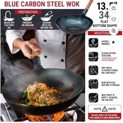 YOSUKATA 13.5" Carbon Steel Wok Pan Pre-Seasoned Flat