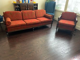 Vintage Wood Frame Sofa and Armchair Set