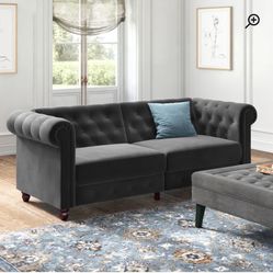 Tufted Convertible Gray Velvet Sofa 