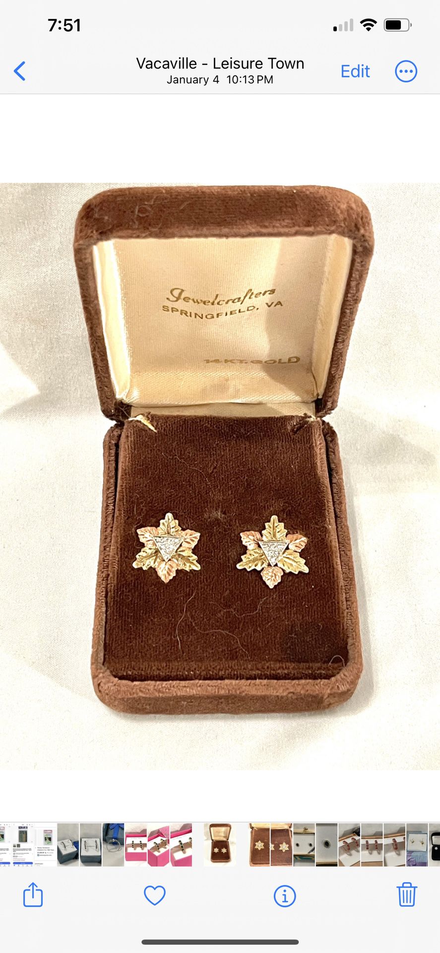 Vintage Like New Nickel Size Solid Gold, Leaf Design Earrings With Six Diamonds. In Each Earring.
