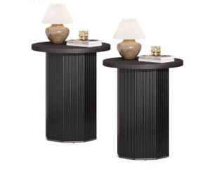 Round End Table, Farmhouse Pedestal Side Table, Fluted Wooden Nightstand Drink Stand for Living Room, Bedroom (2, Black)