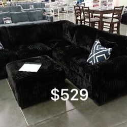 ✅ $529 Not Tax  Stylish Sectional Sofa With Ottoman Black Fur-like Jumbo Corduroy 