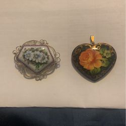 New Russian Handmade Painted Flowers Jewelry . Pin Or Heart Pendant $14 Each 