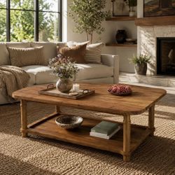 47 in. Brown Rectangle Solid Wood Coffee Table Low Cocktail Tea Desk Modern Industrial Living Room 2-Tier Storage