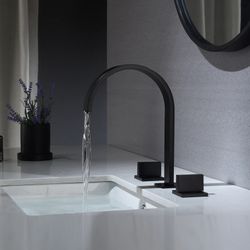 Matt Black waterfall three holes two handle bathroom basin faucet with pop up overflow brass drain