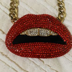 Red Lips Kiss Crystal Rhinestones Extra Large Pendant Necklace 