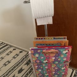 Bathroom Caddy For Books And Toilet Paper Holder. Silver Metal