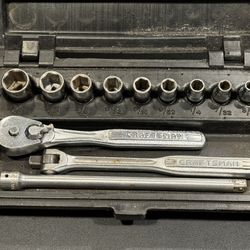 Vintage Craftsman 1/4” drive socket set in permamex case. ALL USA. Ratchet has owners marks. Sockets and ratchet are V series.