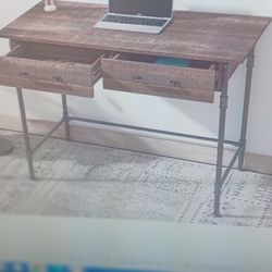 Brand New Inbox Allen And Roth 44 Inch Brown Rustic Riding Desk With Wrought Iron Metal Piping Legs And Frame