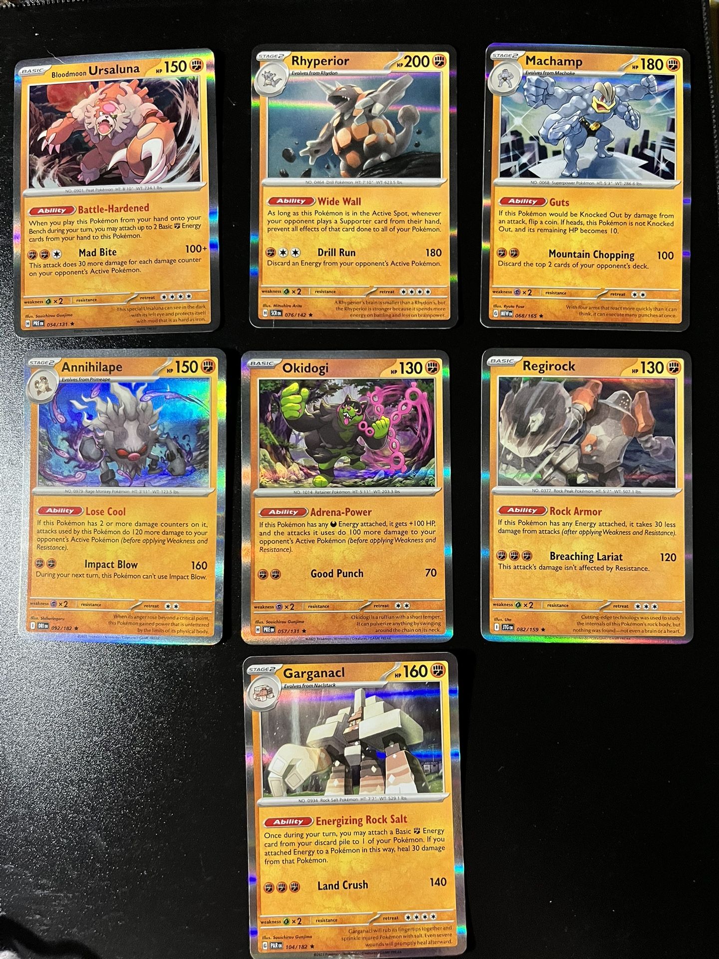 7 Pokemon Holo  Machamp Regirock Okidogi Rhyperior Garganacl Bloodmoon Ursaluna