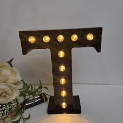 Black Marquee Letter T with Lights. Light Up Metal Black Marquee Letter T Party.