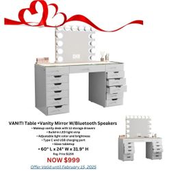 ! Vanity Desk with 13 storages Drawers + mirror w/ Bluetooth speakers