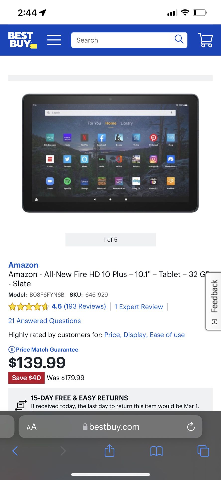 Amazon Fire HD 10 Tablet 10.1" 1080p Full HD 32GB