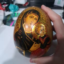 Vintage Russian Orthodox Hand-Painted Wooden Icon Egg - Virgin Mary & Child
