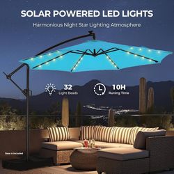 10ft Solar LED Outdoor Patio Cantilever Umbrella with Base