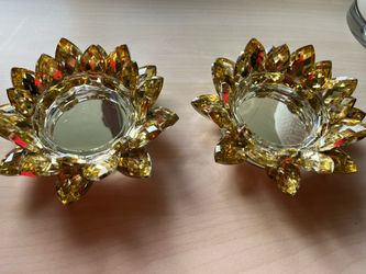 2 Gorgeous Golden Faceted Glass Lotus Candle Holders by Valerie Par Hill