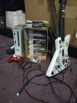 Xbox 360 Bundle, Bunch Of Games 1 Controller, 2 Guitar Controllers Tested And Working 