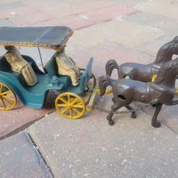 Stanley Toy Cast Iron Couple in Wagon with Horses Buggy