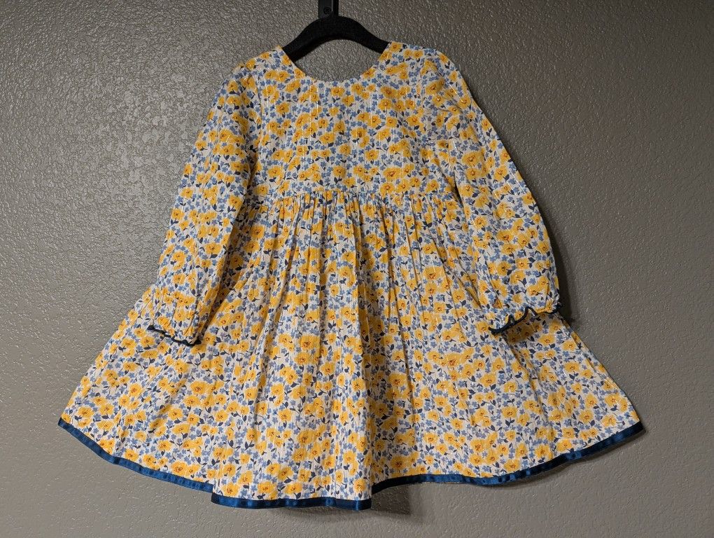 Pink Chicken Long Sleeved Girl's Dress - Yellow, Blue, & Navy Flowers - 3T