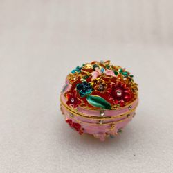 NEW Small Floral Metal Enamel Pink Jewelry Trinket Box