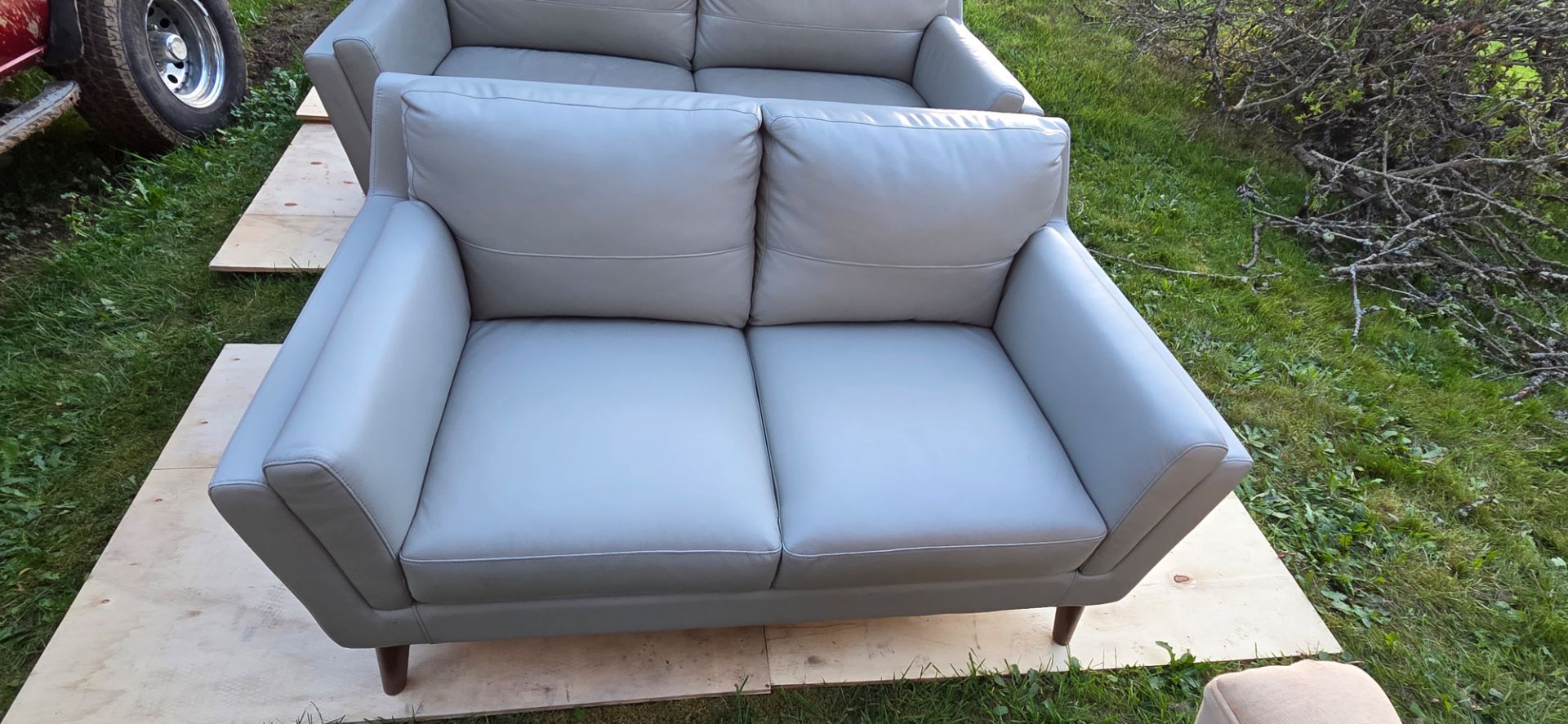 Uptown-Modern Solid Wood/ Leather Match Loveseat and Sofa in Light Gray