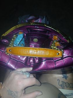 Purple Croc-Embossed Handbag with Gold Hardware