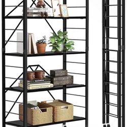 5 Tier Foldable Storage Shelves, Expandable Folding Shelf with Wheels, Changeable into 2 Shelf Units, Collapsible Adjustable Storage Rack Metal Shelve
