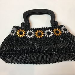 Black Beaded Purse Handbag Sunflowers 