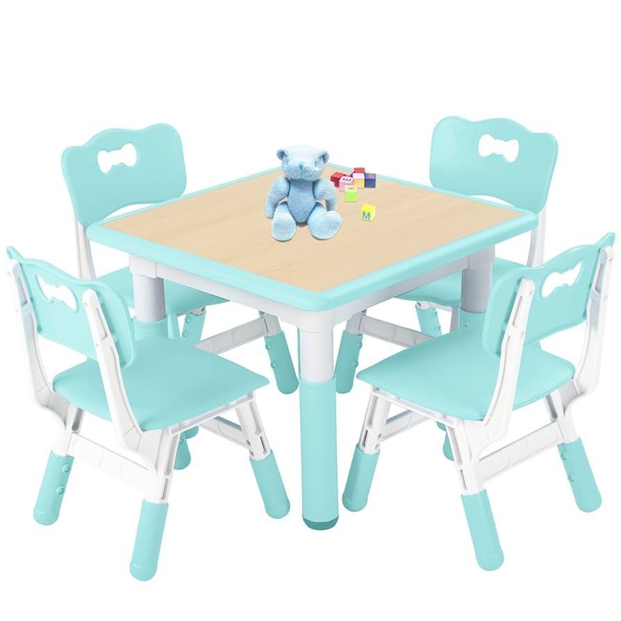 Kids Table and 4 Chairs Set, Height Adjustable Toddler Table and Chair Set for Ages 3-8, Easy to Wipe Arts & Crafts Table, for Classrooms/Da