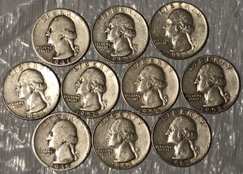 Lot of 10 Washington Silver Quarters From 1930s-1964 90% Silver Coins~Good To EF