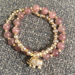 Crystal/Rose Quartz Bracelet With Elephant Pendant 