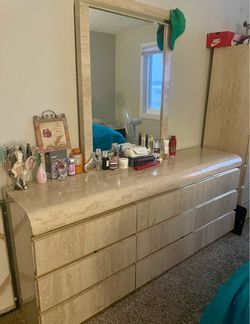 Dresser with Mirror 6-Drawer Cream Stone Finish