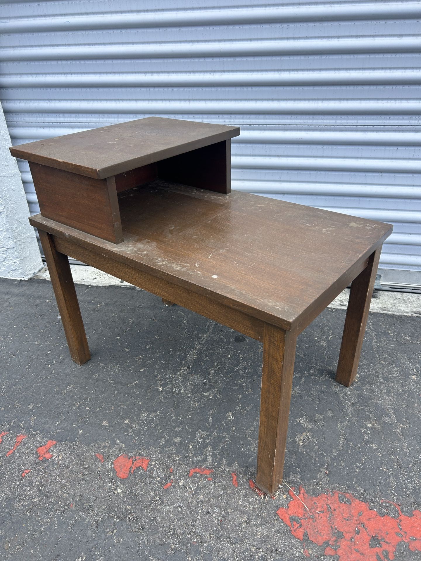 Mid Century Two Tier End Table Vintage Solid Wood With Drawer