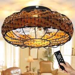 SPECIAL! ONLY $45: 16 Inch Boho Woven Rattan, Flush Mount Caged Bladeless Ceiling Fan with Light