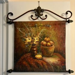 Wrought Iron Wall Hanging Hand Painted Oil Canvas Flower Fruit  Scene 30” x  31”