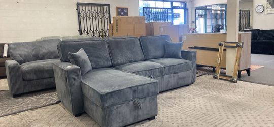 New Gray sleeper Corduroy Sectional Sofa with Chaise