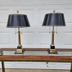 Vintage French Empire Brass & Italian Black Marble Column 2 Table Lamps