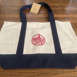 TRADER JOE'S LARGE 20 X 11.5 INCHES CANVAS TOTE BAG NAVY BLUE / NEW WITH TAGS