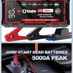 5000A Car Battery Jump Starter, 8 in 1 Jumper Box for Car Battery Portable for Up to 8.0L Gas & 6.0L Diesel with 3 Modes Flashlight, Compass, Power Ba