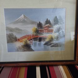 1940's Japanese Silk Art With Gold And Red Silk Threads-Bamboo Frame