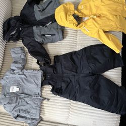 Size 12 month snow suit, jacket, and coat, size 12 month raincoat.