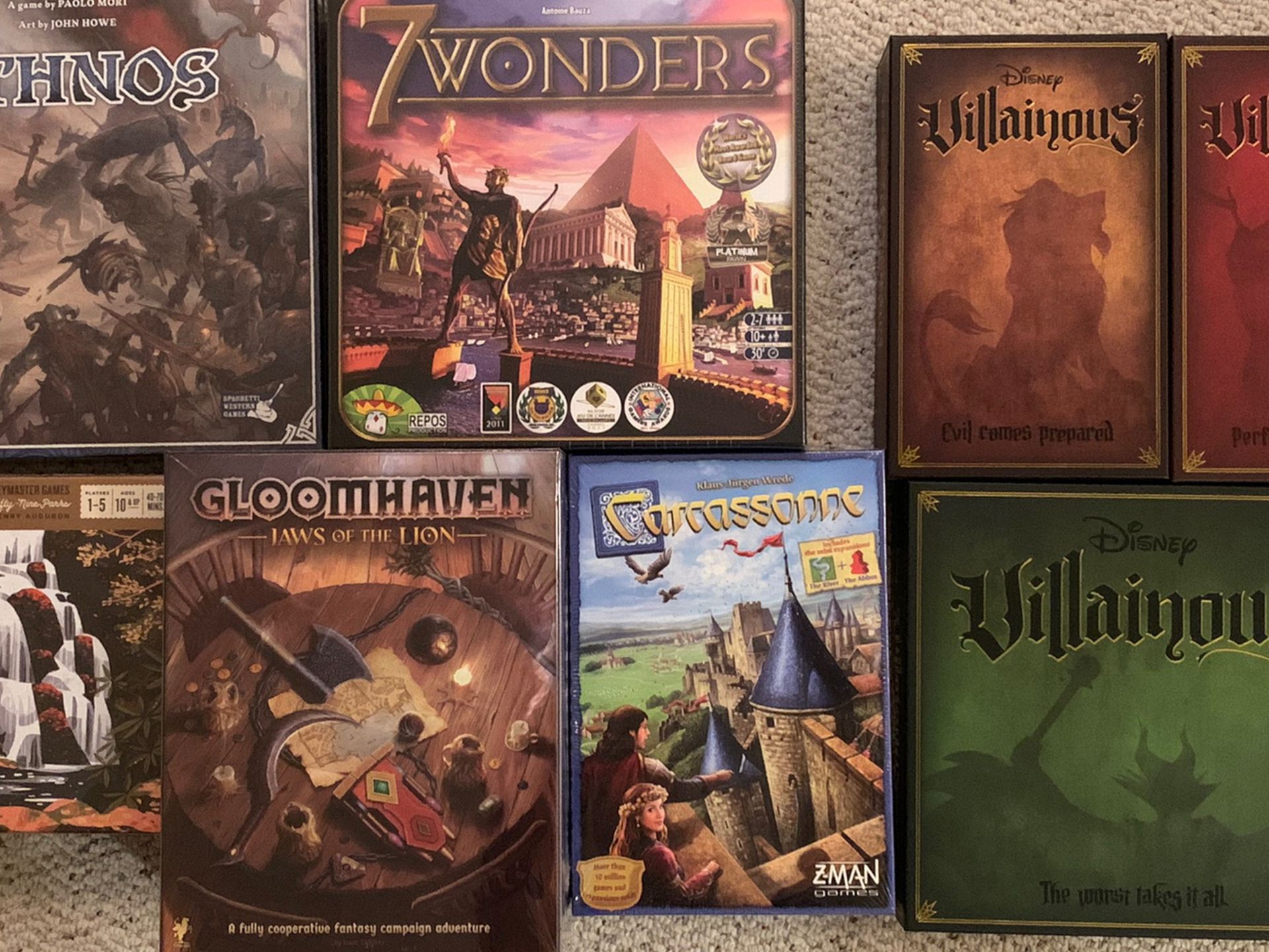Board Games: GloomhavenJOTL, Parks,Villainous,7 Wonders,Ethnos,Carcassonne
