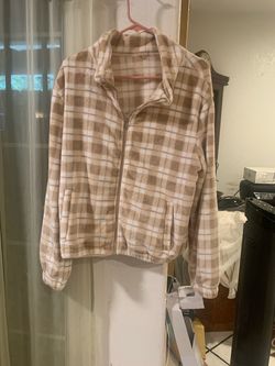 Free Hugs Beige Plaid Fleece Zip-Up Jacket – Size L