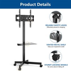 Black Floor Stand Mount for Greater Than 50" Screens with Shelving, Holds up to 88 lbs
