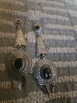 Stunning Long Vintage Sterling & Onyx Earrings 