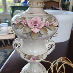 Porcelain Lamp with Pink Roses Barbola Shabbychic Cottagecore
